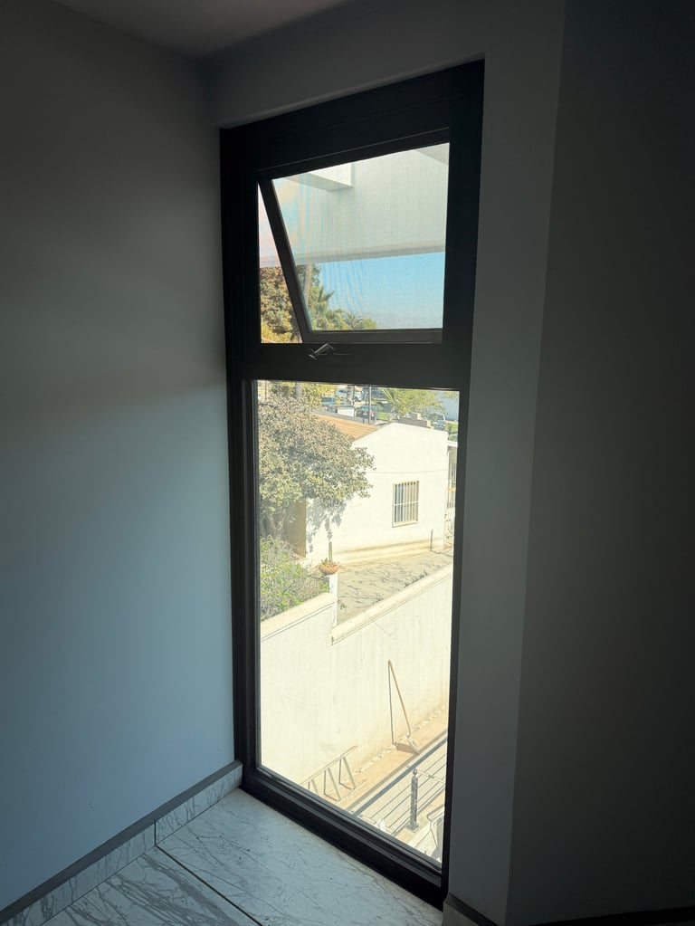 Puerta de vidrio moderna de marco negro con dos paneles mostrando vista de patio con árboles y edificios más allá