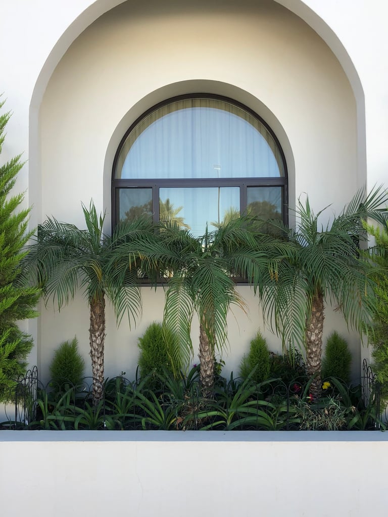 Fachada de edificio blanco moderno con ventana arqueada rodeada de palmeras en macetas y jardinería tropical